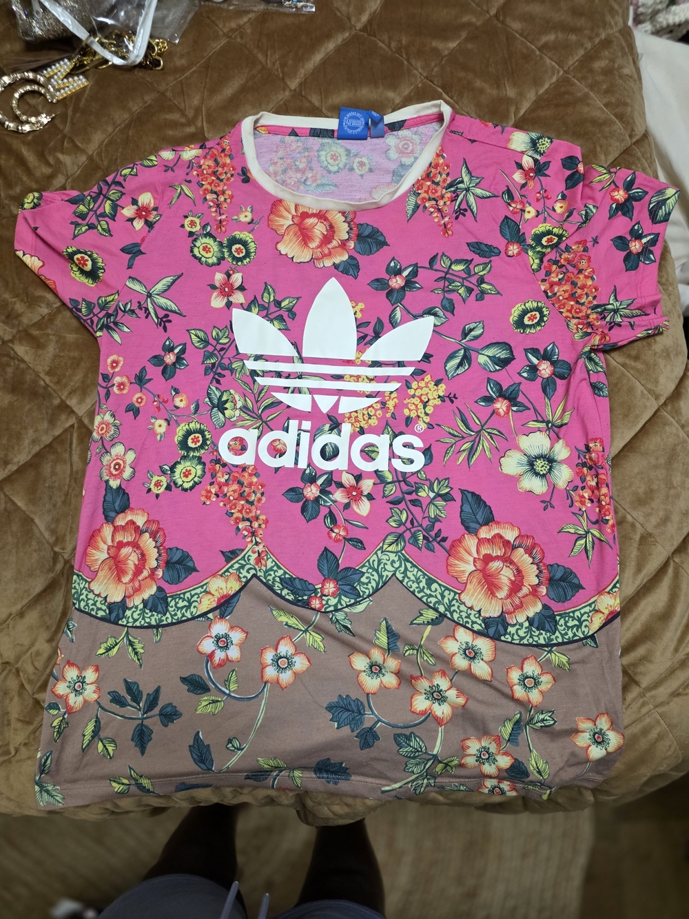 adidas Floral Pink and Brown Trefoil Short Sleeve Tee